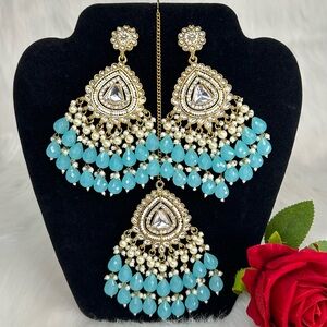 Gold And Sky Blue Long Kundan Earrings And Tikka Set